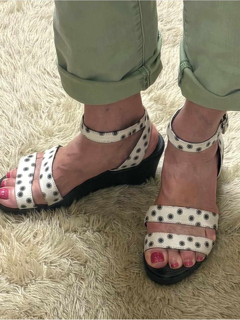 White & Black Ankle-Strap Wedge CROCS Sandals